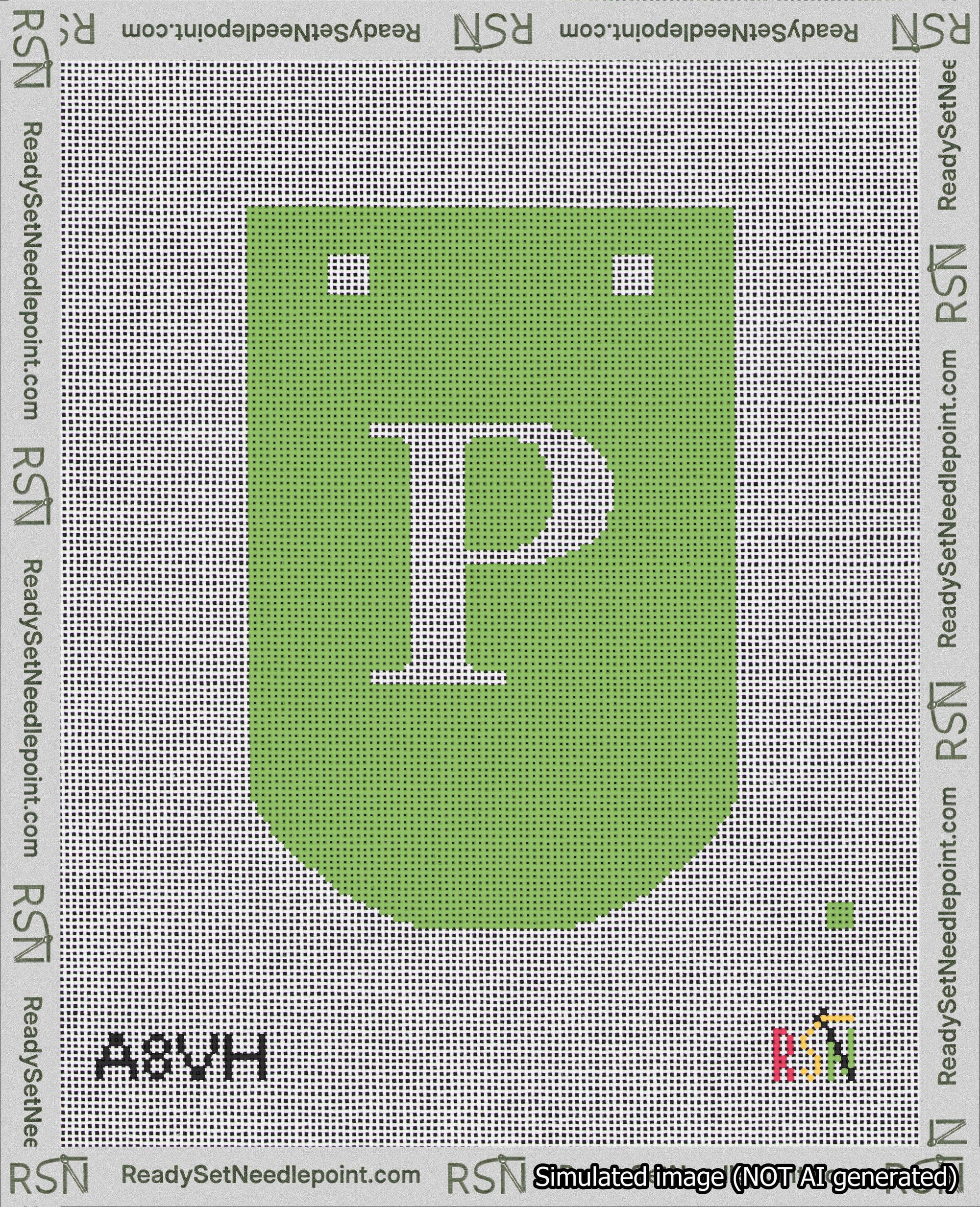 A taped needlepoint canvas with the design: Banner 18 mesh count Curved P White on Light Green.