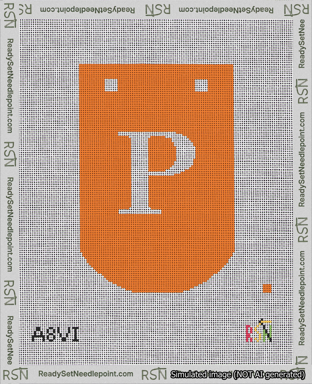 A taped needlepoint canvas with the design: Banner 18 mesh count Curved P White on Orange.
