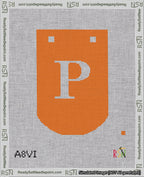 A taped needlepoint canvas with the design: Banner 18 mesh count Curved P White on Orange.