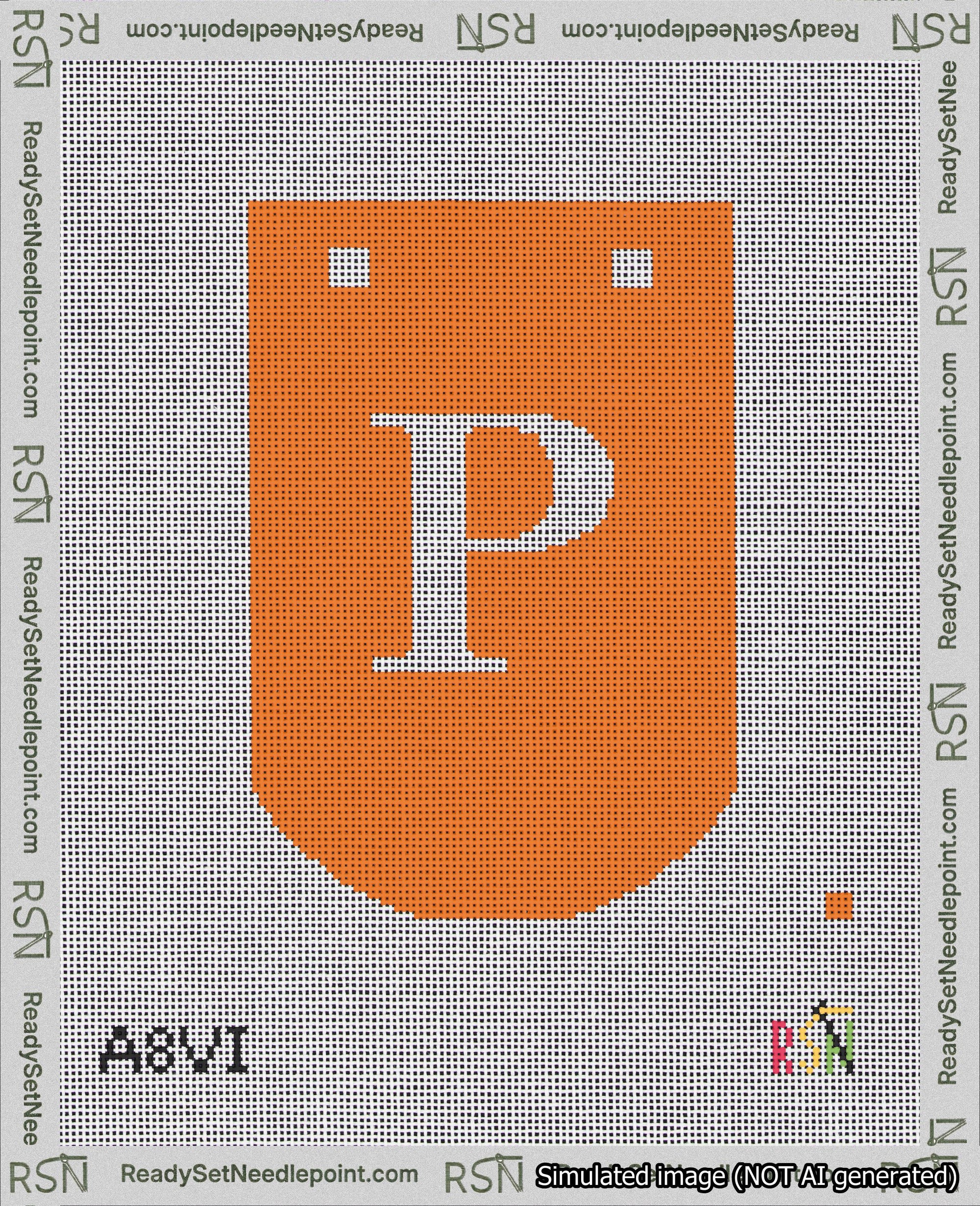 A taped needlepoint canvas with the design: Banner 18 mesh count Curved P White on Orange.