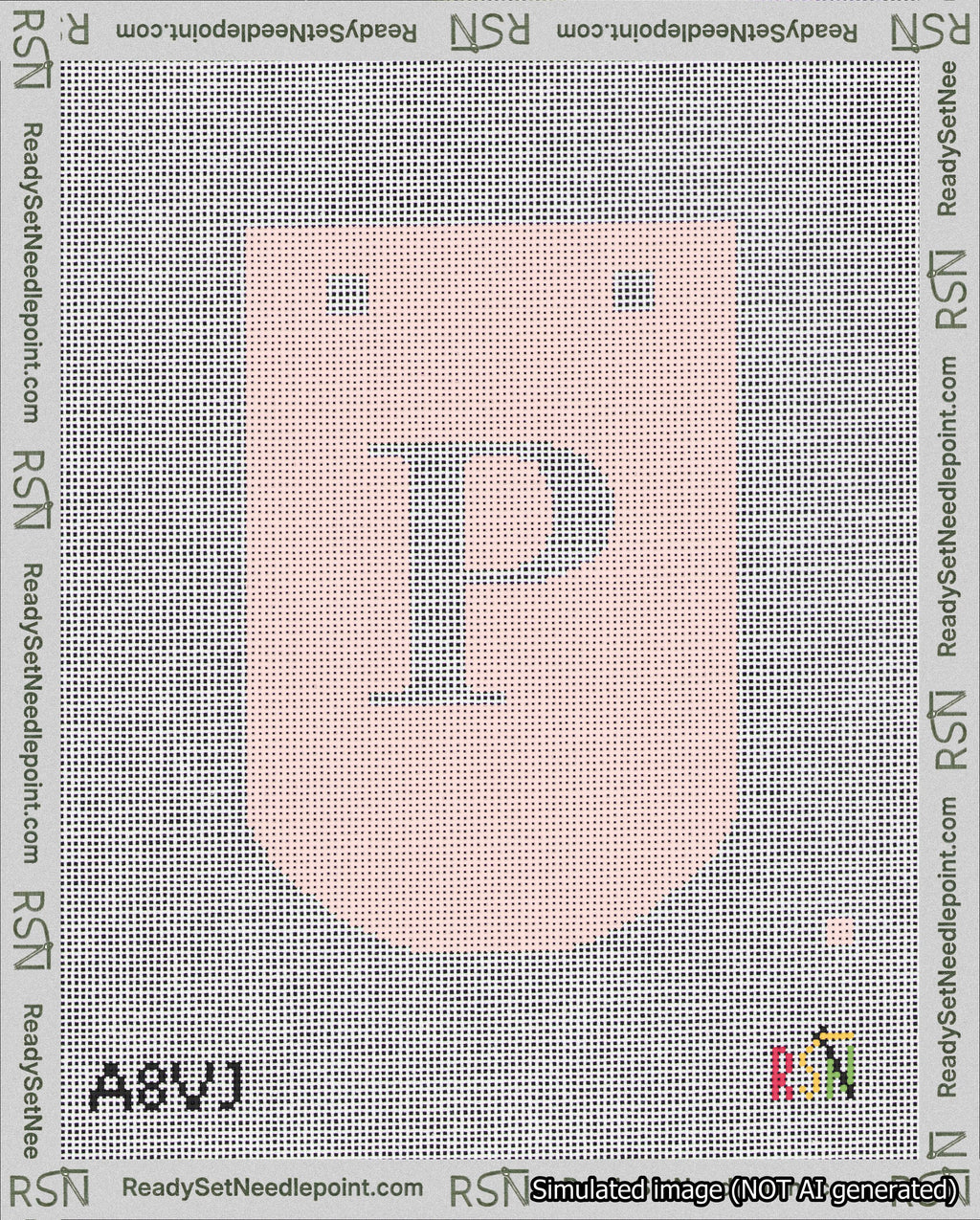 A taped needlepoint canvas with the design: Banner 18 mesh count Curved P White on Pink.