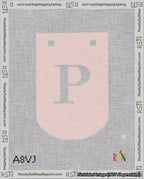 A taped needlepoint canvas with the design: Banner 18 mesh count Curved P White on Pink.