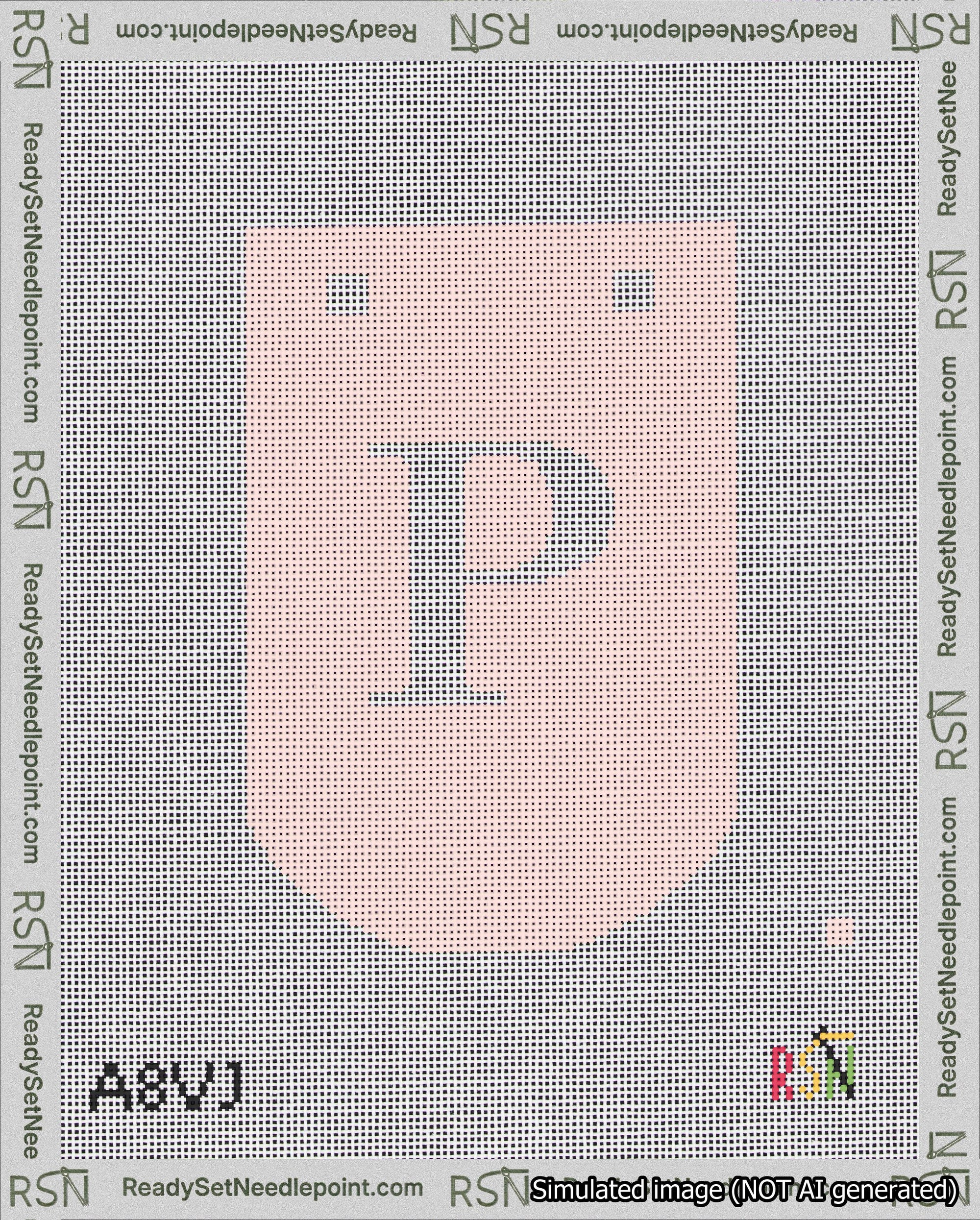 A taped needlepoint canvas with the design: Banner 18 mesh count Curved P White on Pink.