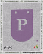 A taped needlepoint canvas with the design: Banner 18 mesh count Curved P White on Purple.