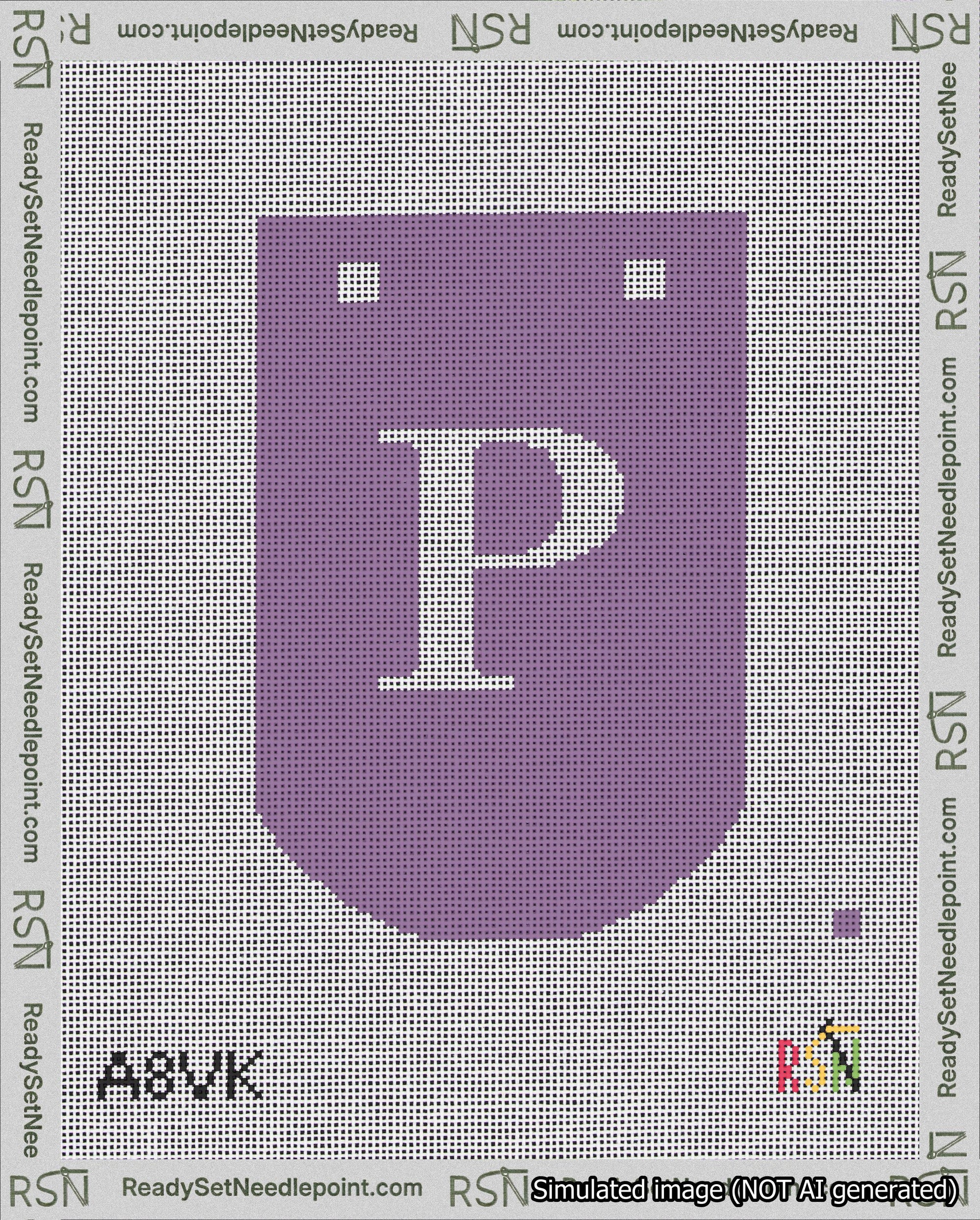 A taped needlepoint canvas with the design: Banner 18 mesh count Curved P White on Purple.