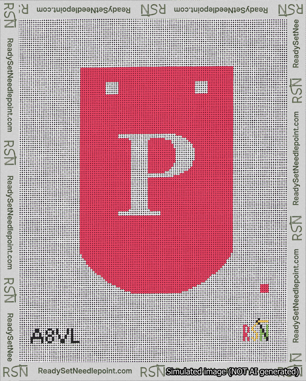 A taped needlepoint canvas with the design: Banner 18 mesh count Curved P White on Red.