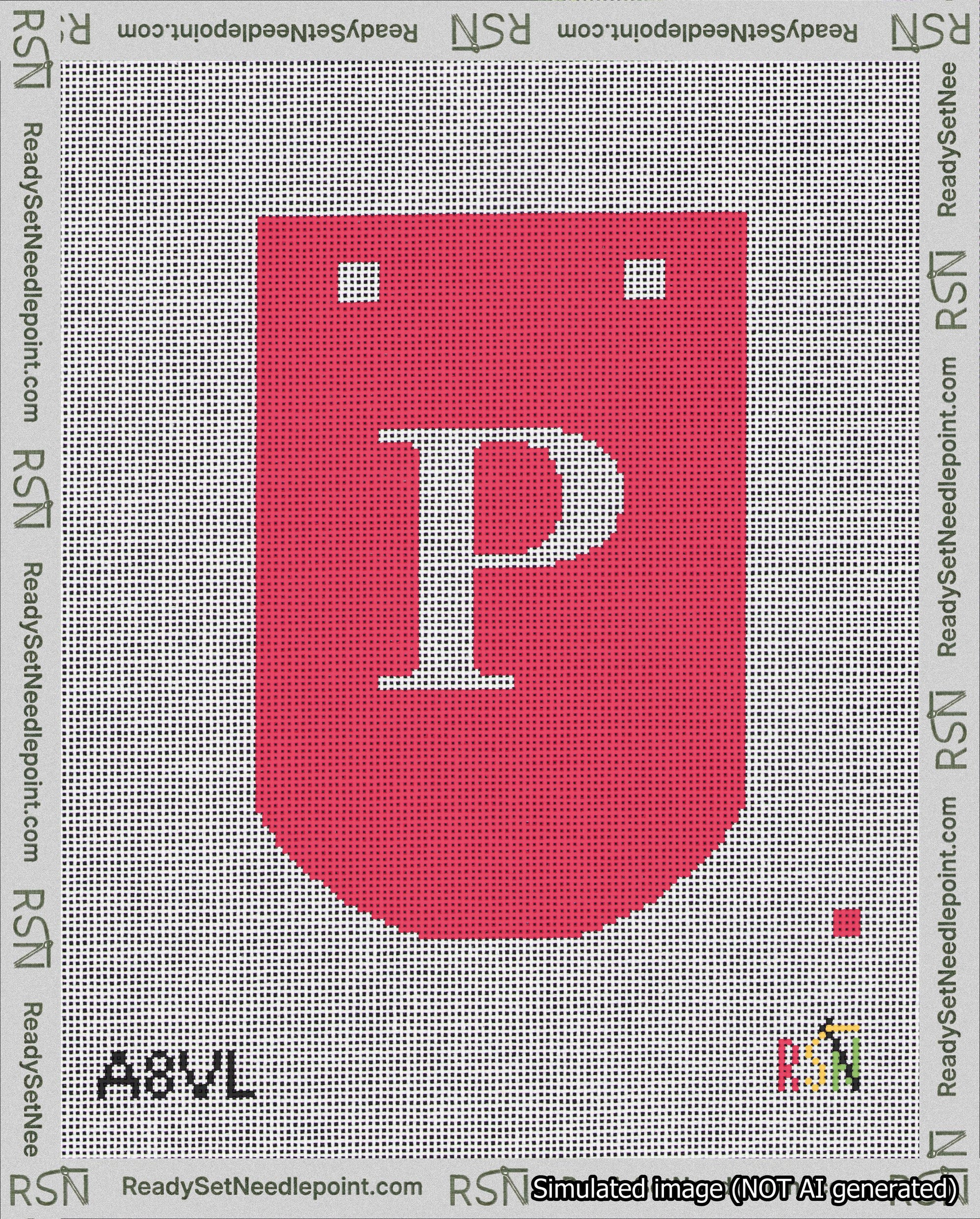 A taped needlepoint canvas with the design: Banner 18 mesh count Curved P White on Red.