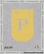 A taped needlepoint canvas with the design: Banner 18 mesh count Curved P White on Yellow.