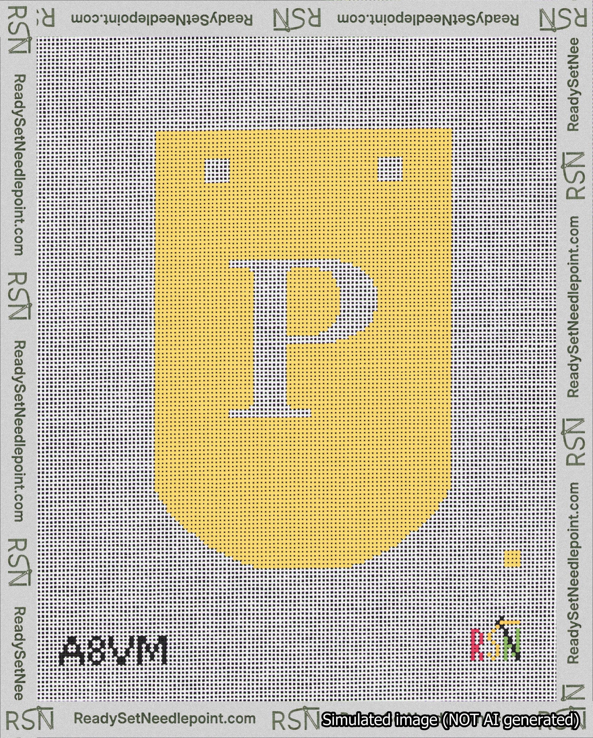 A taped needlepoint canvas with the design: Banner 18 mesh count Curved P White on Yellow.