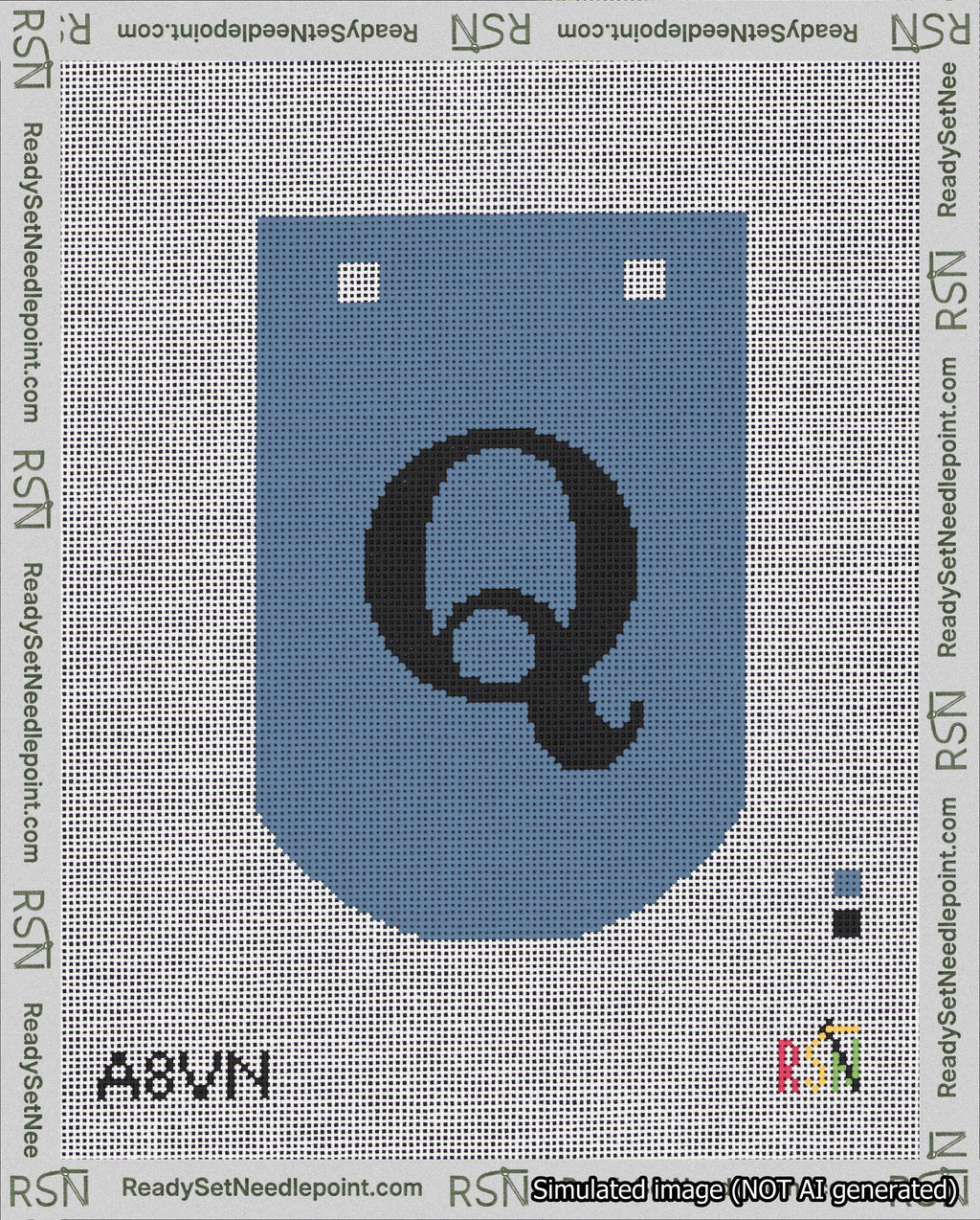 A taped needlepoint canvas with the design: Banner 18 mesh count Curved Q Black on Blue.