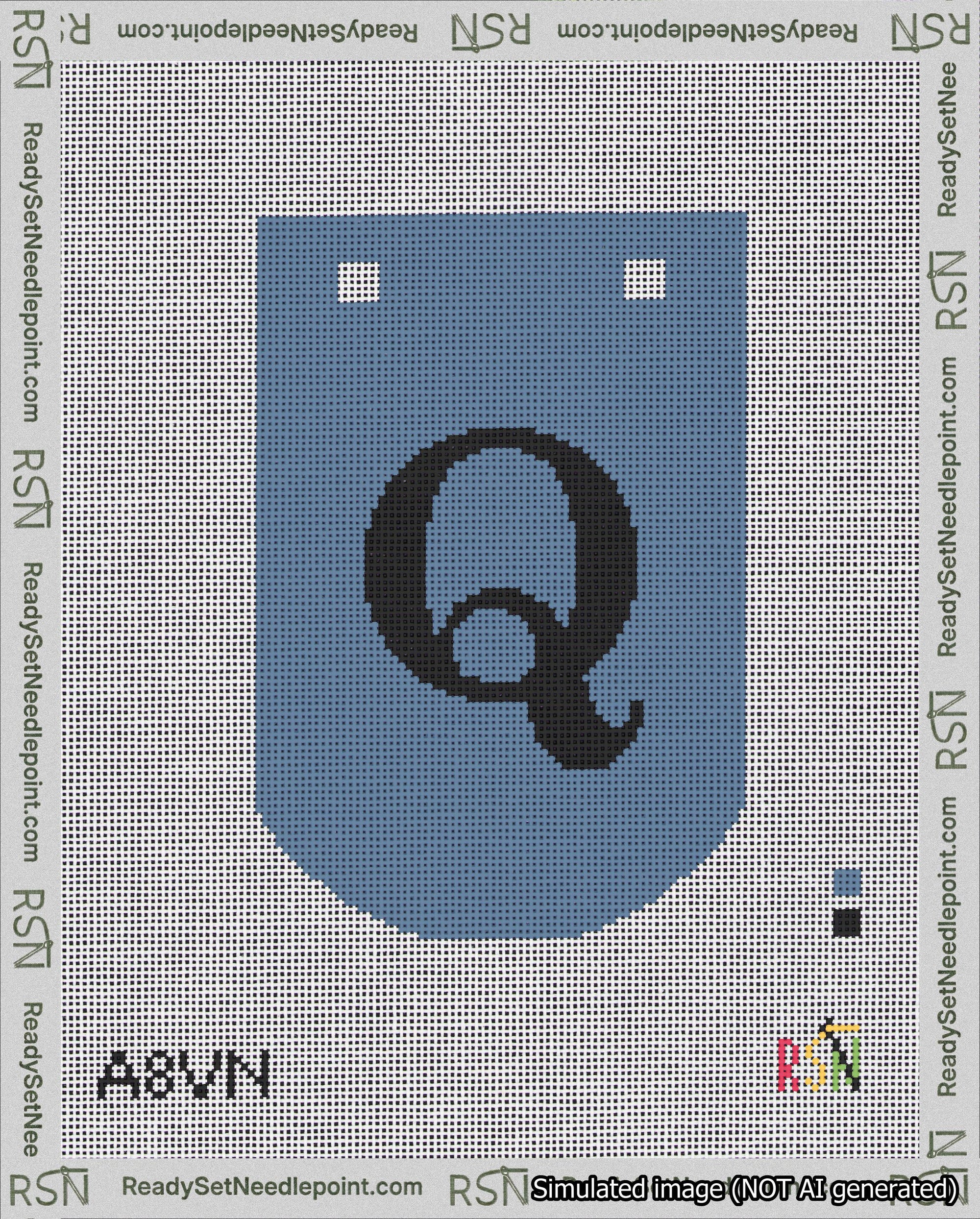 A taped needlepoint canvas with the design: Banner 18 mesh count Curved Q Black on Blue.