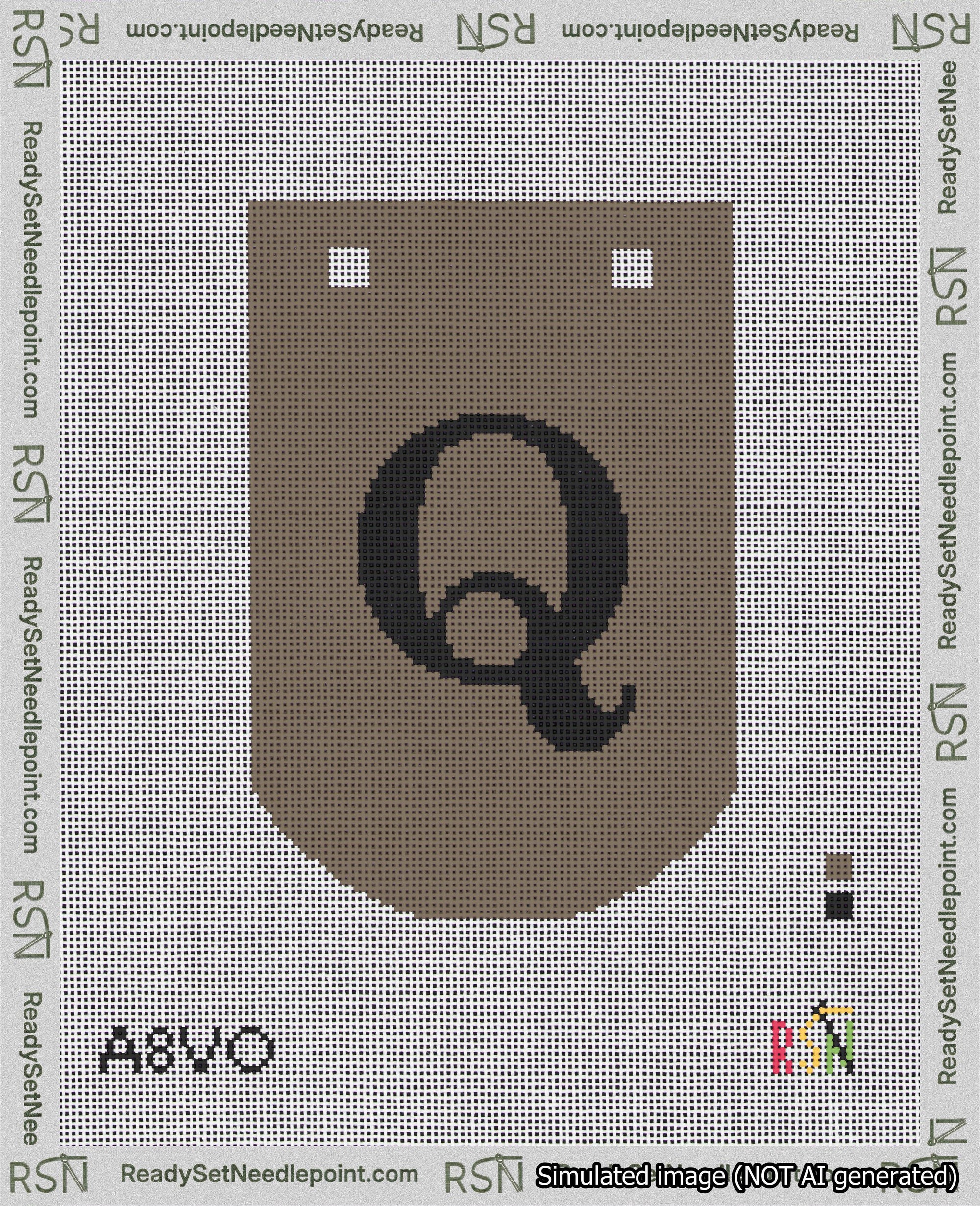 A taped needlepoint canvas with the design: Banner 18 mesh count Curved Q Black on Brown.