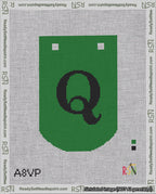 A taped needlepoint canvas with the design: Banner 18 mesh count Curved Q Black on Green.