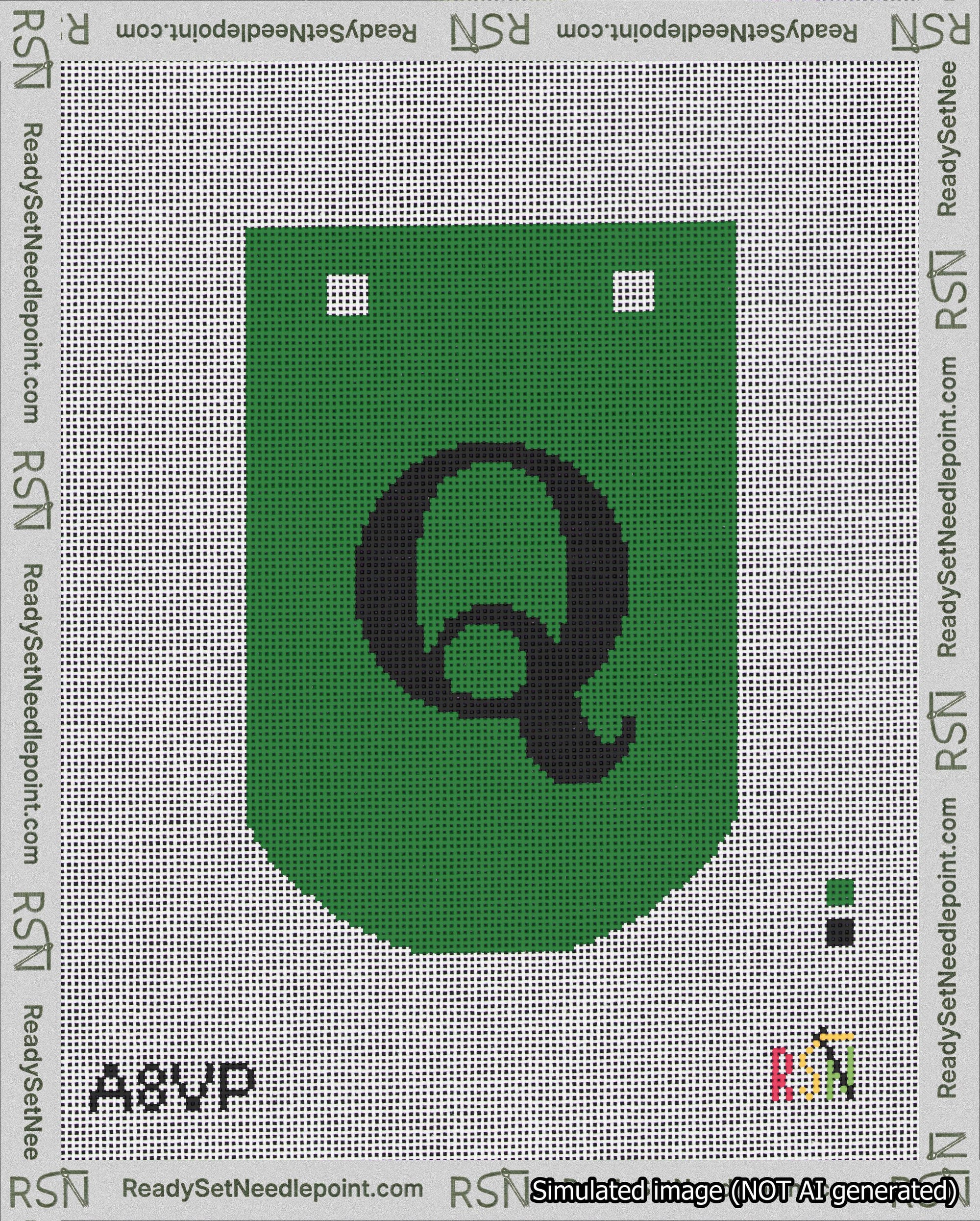 A taped needlepoint canvas with the design: Banner 18 mesh count Curved Q Black on Green.