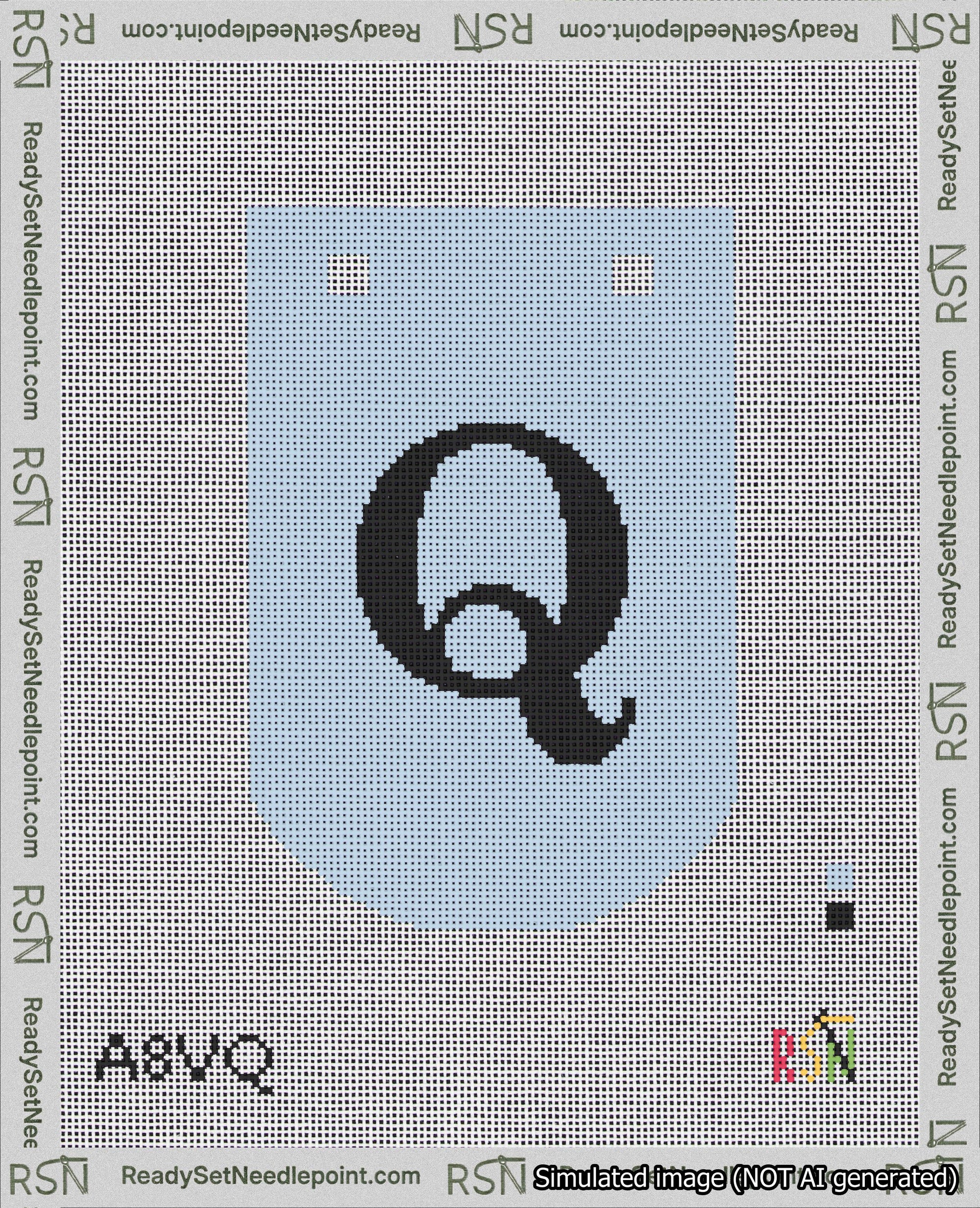 A taped needlepoint canvas with the design: Banner 18 mesh count Curved Q Black on Light Blue.