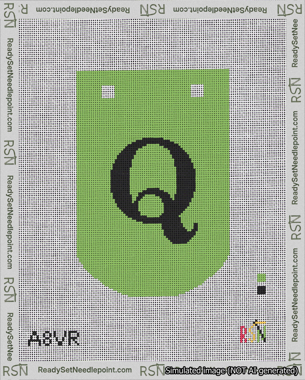 A taped needlepoint canvas with the design: Banner 18 mesh count Curved Q Black on Light Green.