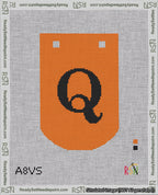 A taped needlepoint canvas with the design: Banner 18 mesh count Curved Q Black on Orange.