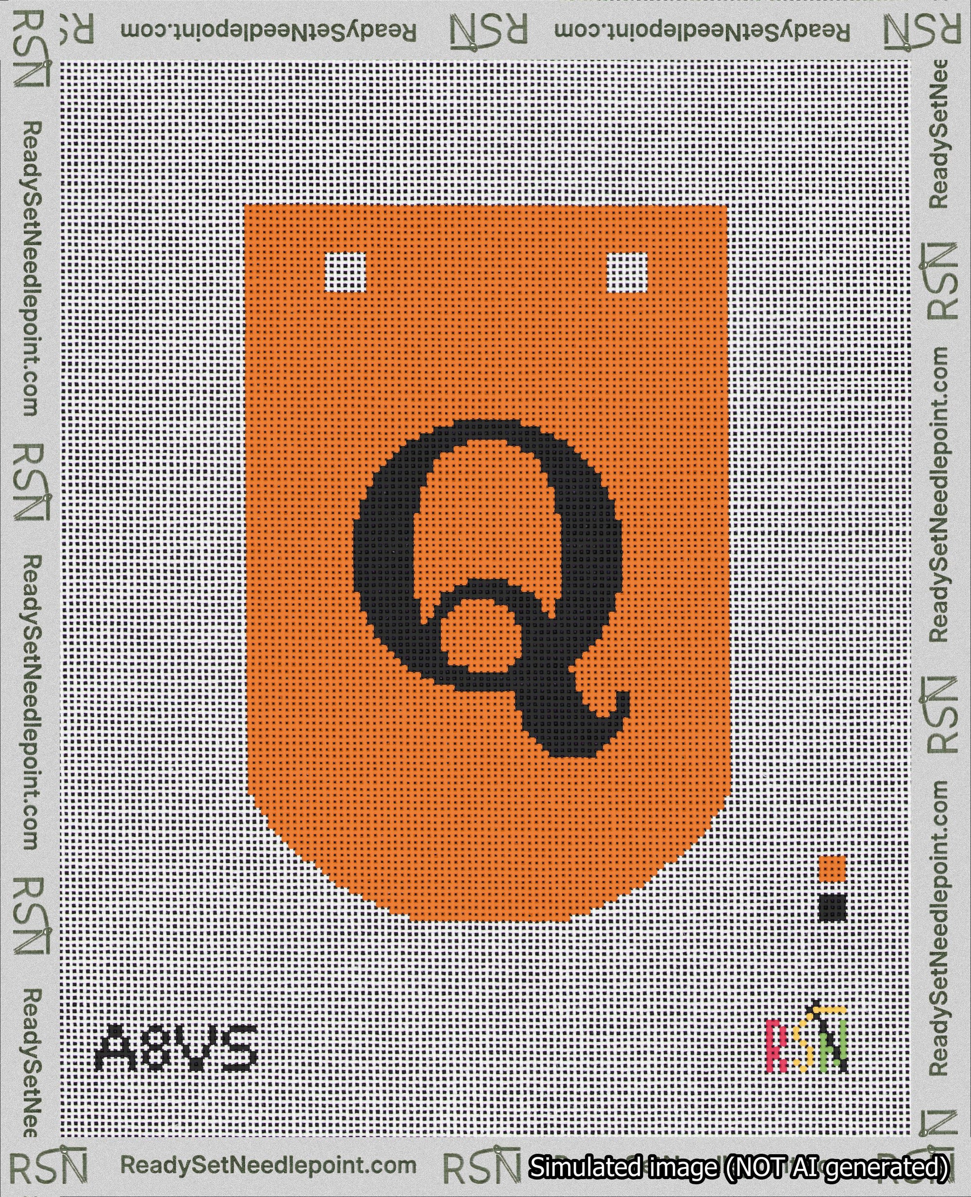 A taped needlepoint canvas with the design: Banner 18 mesh count Curved Q Black on Orange.