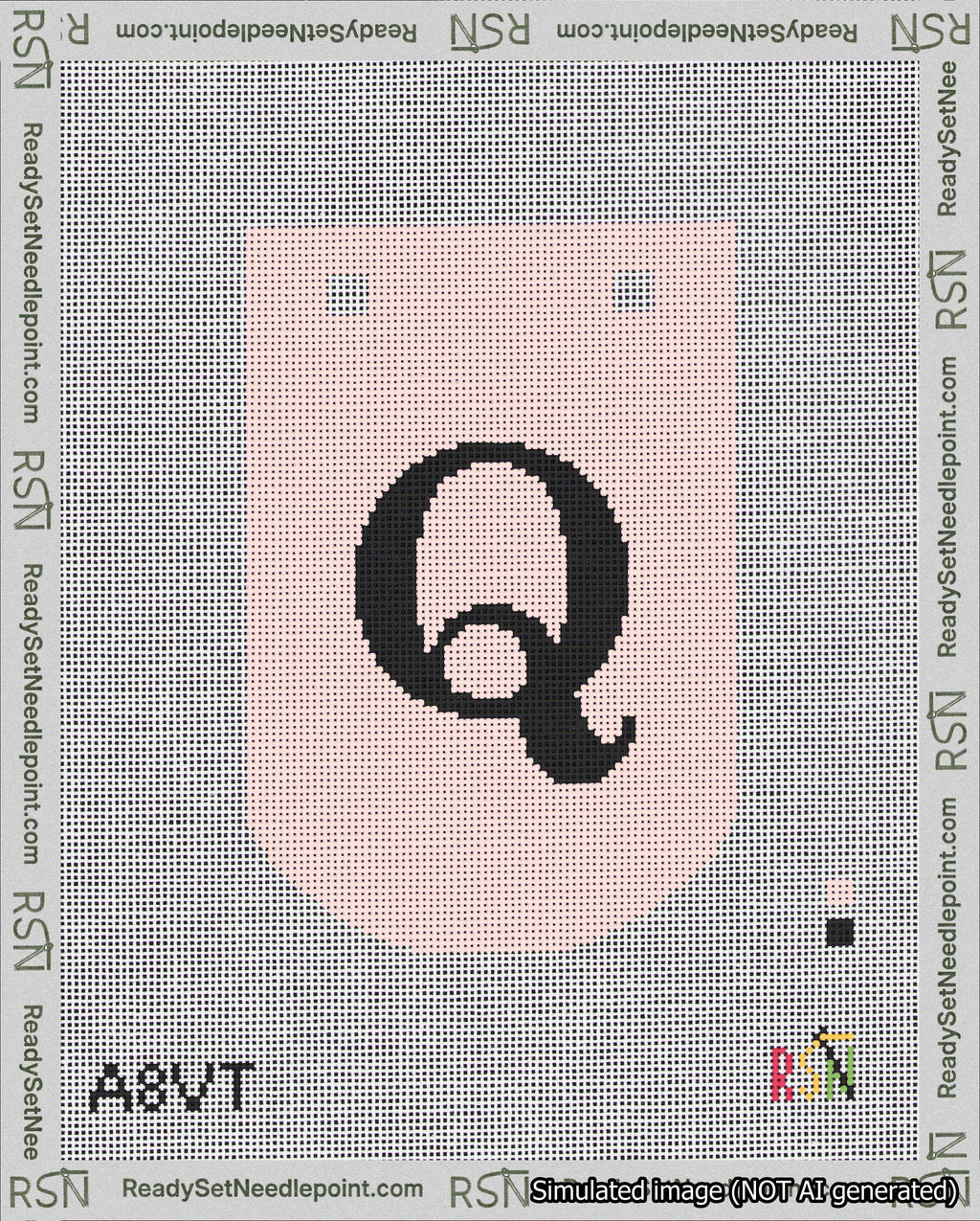 A taped needlepoint canvas with the design: Banner 18 mesh count Curved Q Black on Pink.