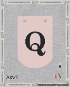 A taped needlepoint canvas with the design: Banner 18 mesh count Curved Q Black on Pink.