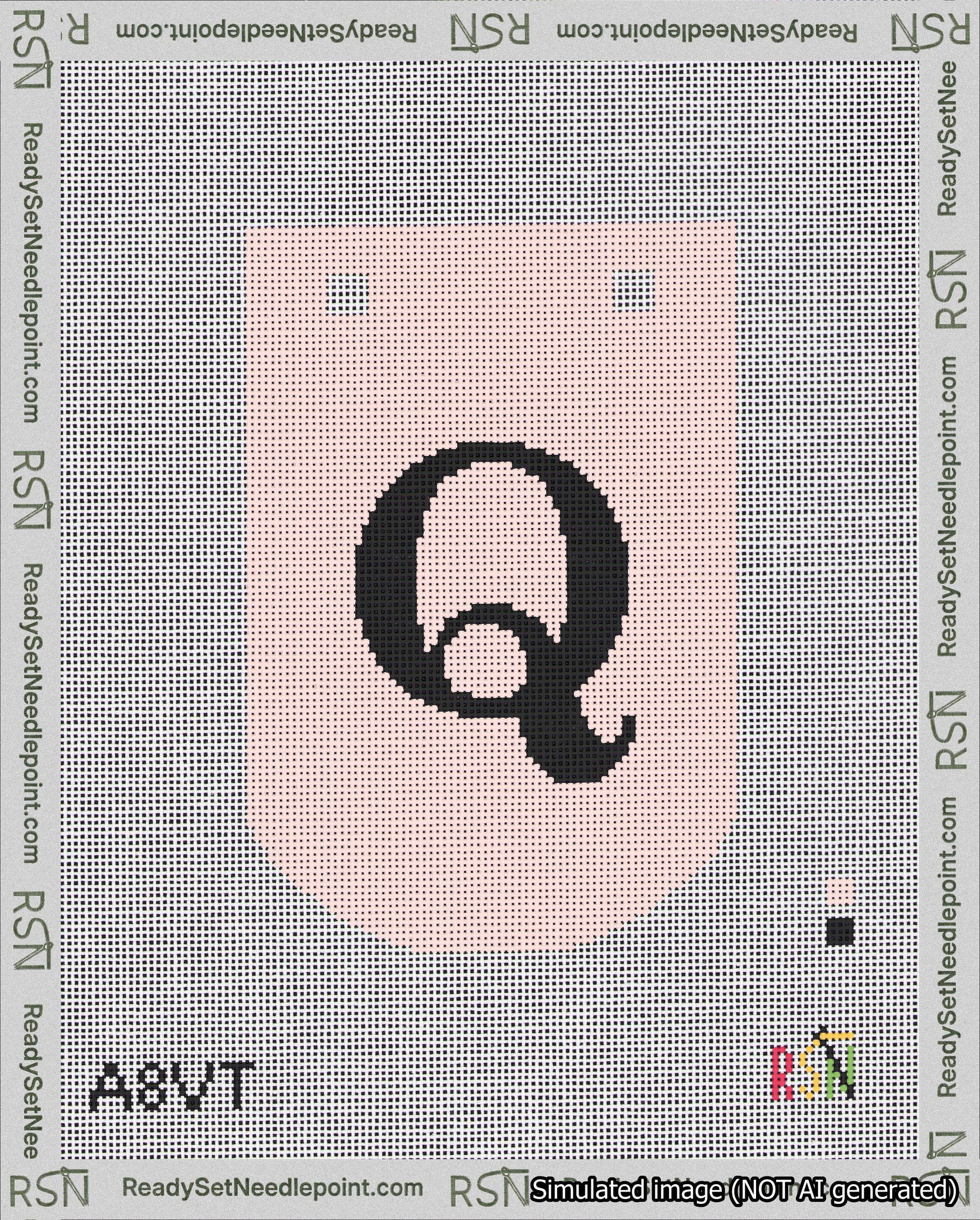 A taped needlepoint canvas with the design: Banner 18 mesh count Curved Q Black on Pink.
