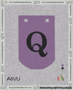 A taped needlepoint canvas with the design: Banner 18 mesh count Curved Q Black on Purple.