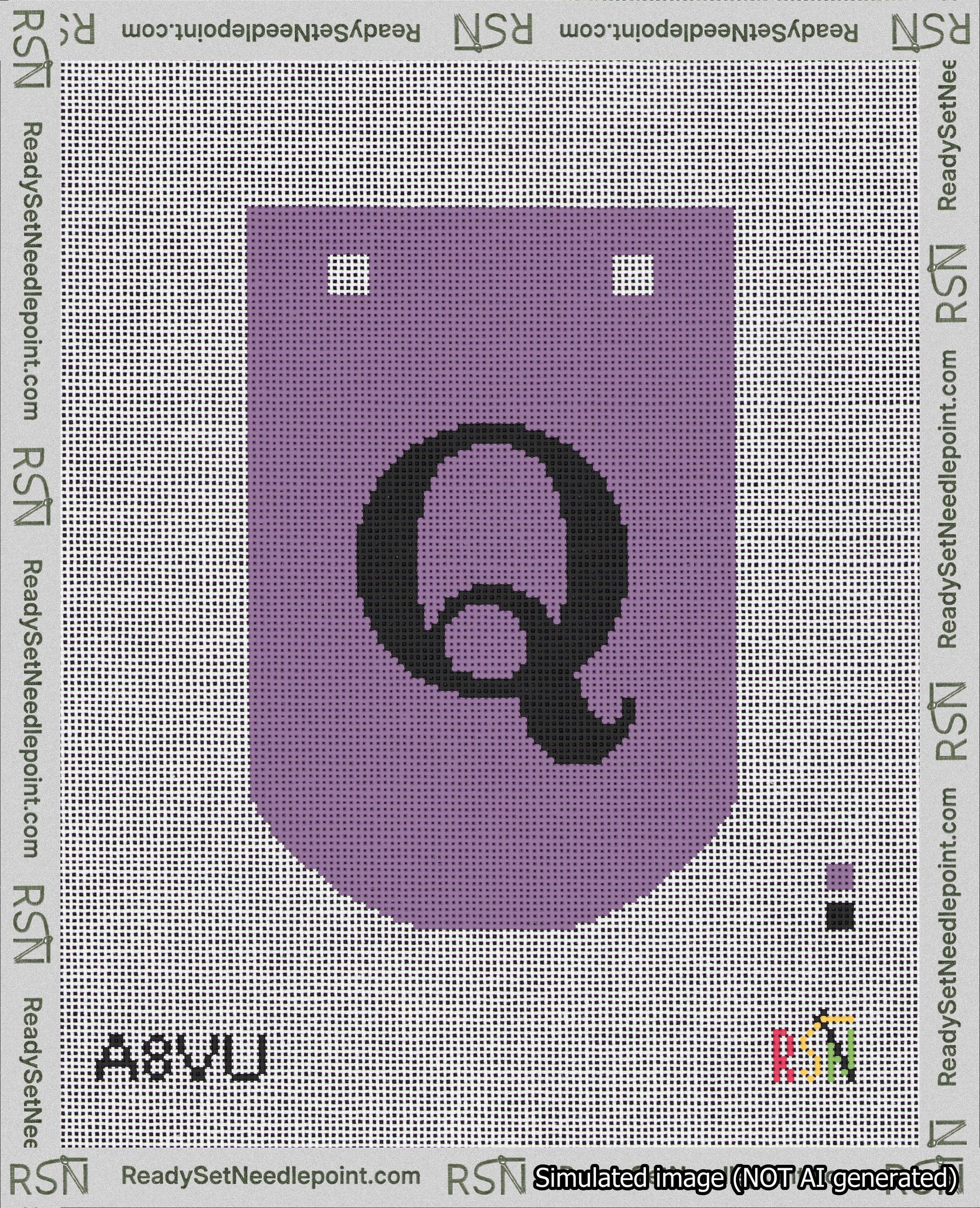 A taped needlepoint canvas with the design: Banner 18 mesh count Curved Q Black on Purple.