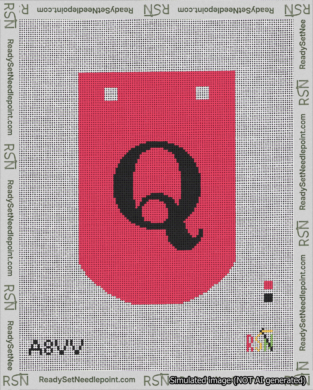 A taped needlepoint canvas with the design: Banner 18 mesh count Curved Q Black on Red.