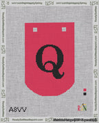 A taped needlepoint canvas with the design: Banner 18 mesh count Curved Q Black on Red.