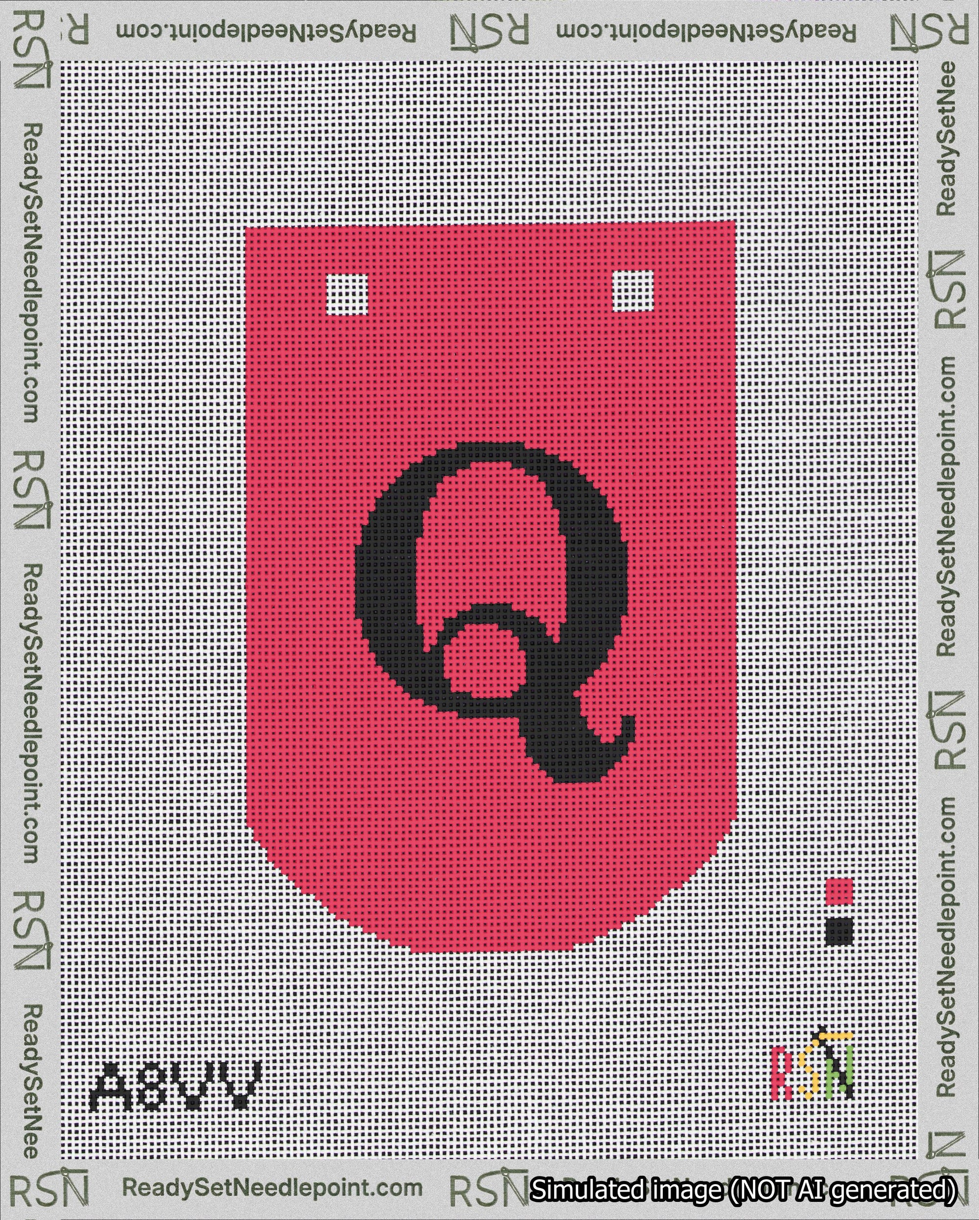 A taped needlepoint canvas with the design: Banner 18 mesh count Curved Q Black on Red.
