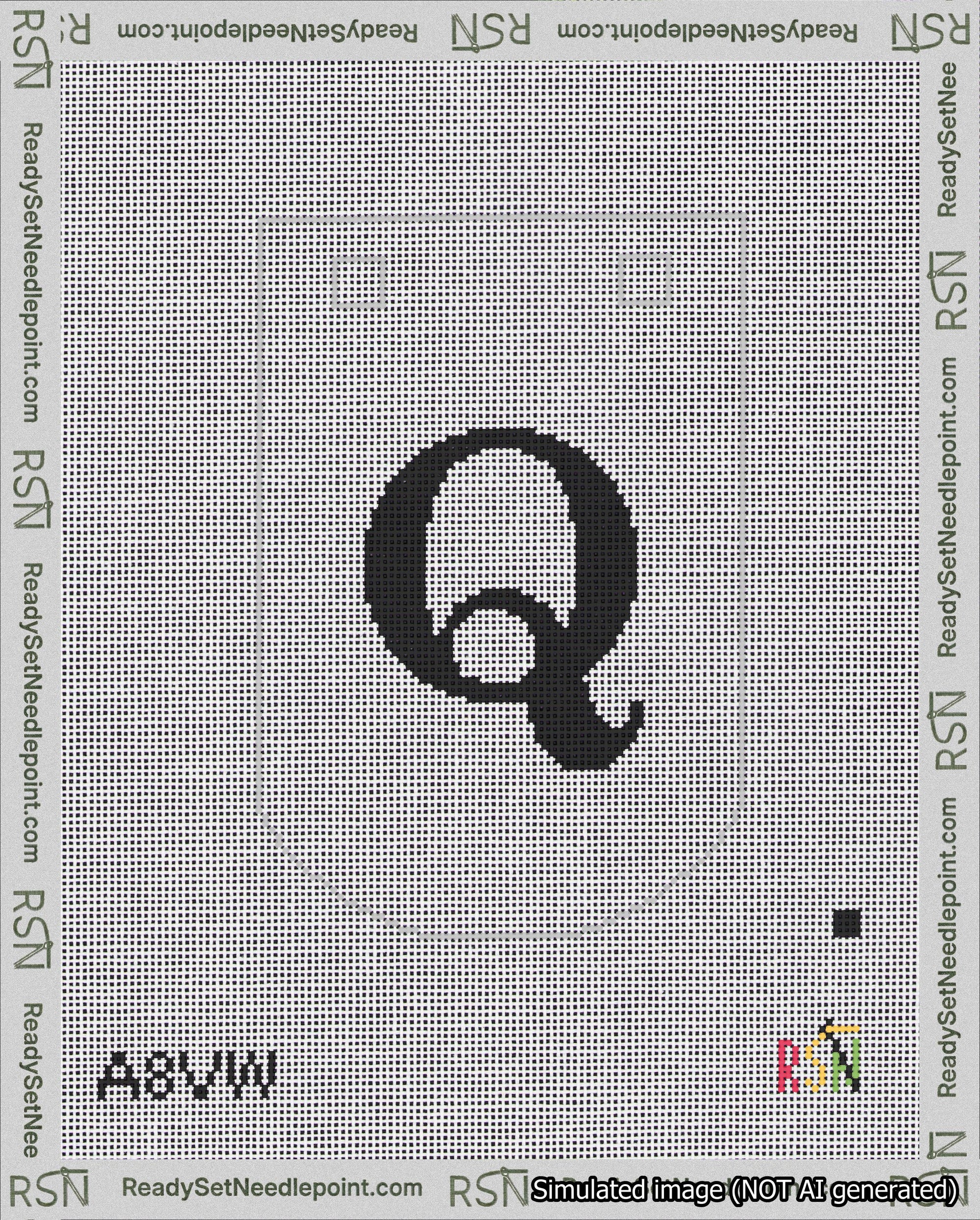 A taped needlepoint canvas with the design: Banner 18 mesh count Curved Q Black on White.