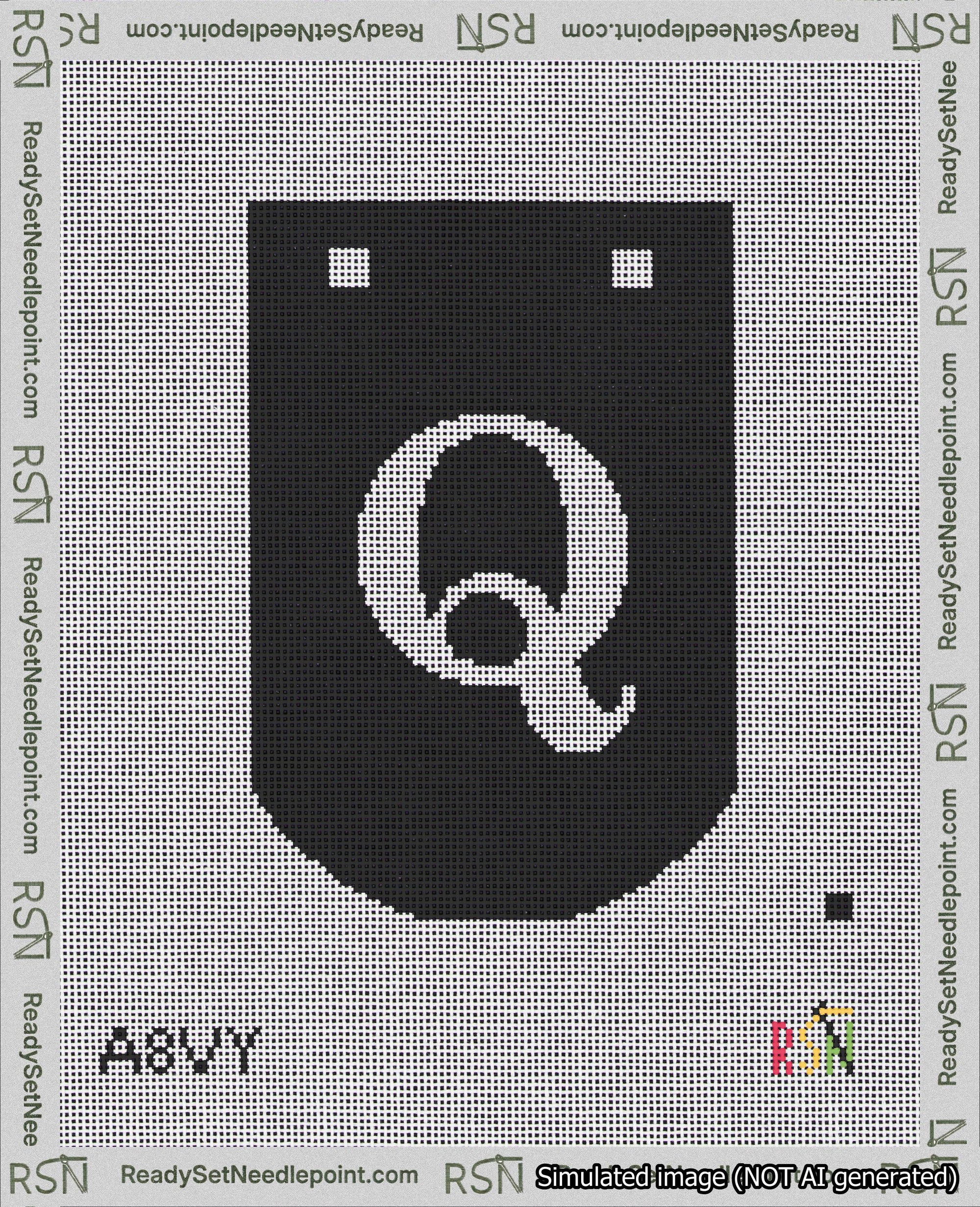 A taped needlepoint canvas with the design: Banner 18 mesh count Curved Q White on Black.