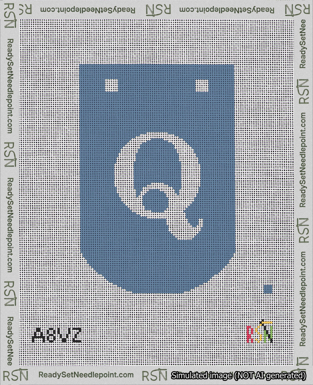 A taped needlepoint canvas with the design: Banner 18 mesh count Curved Q White on Blue.