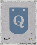 A taped needlepoint canvas with the design: Banner 18 mesh count Curved Q White on Blue.