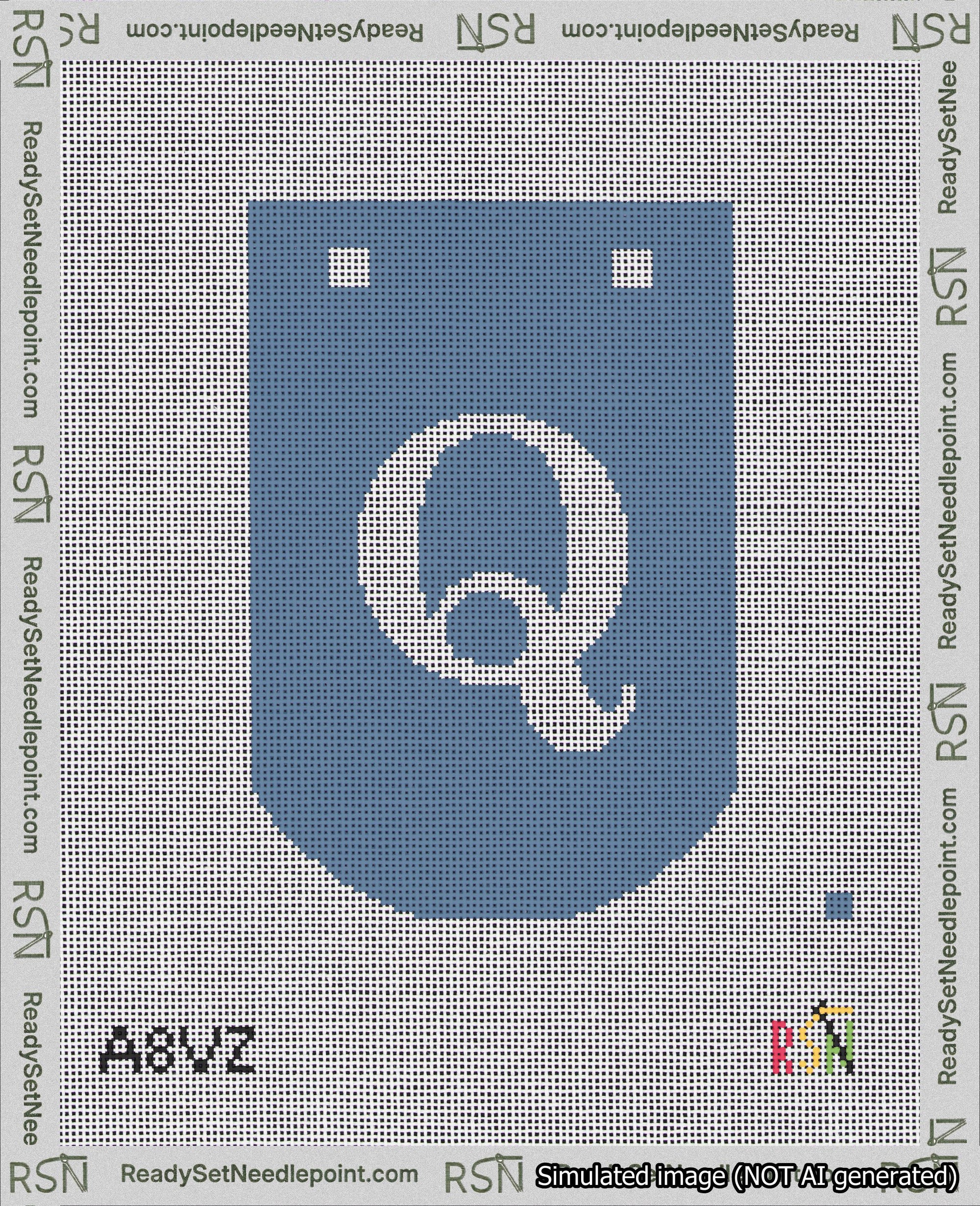 A taped needlepoint canvas with the design: Banner 18 mesh count Curved Q White on Blue.