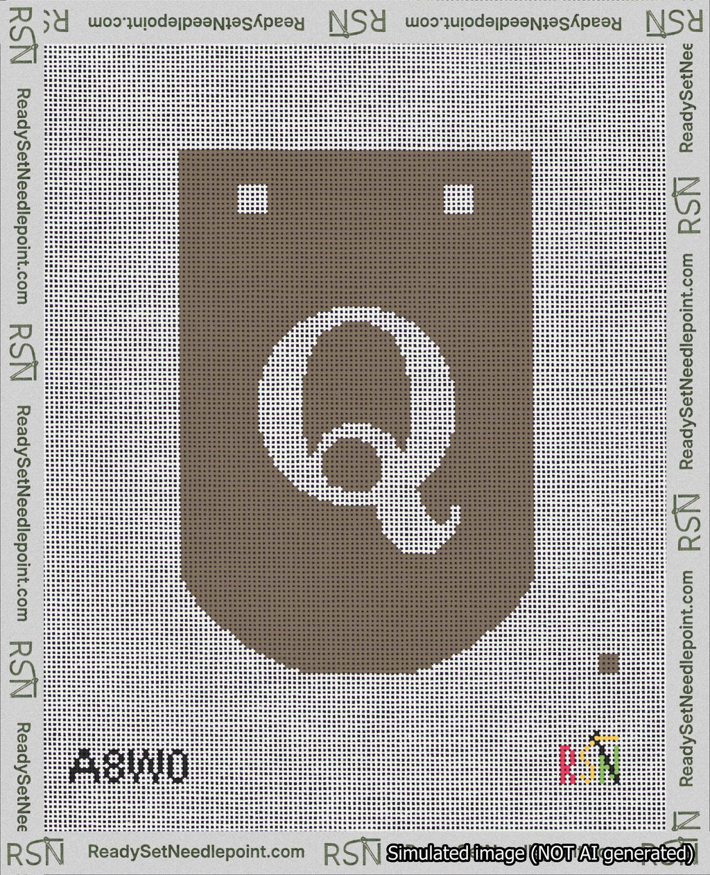 A taped needlepoint canvas with the design: Banner 18 mesh count Curved Q White on Brown.