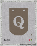 A taped needlepoint canvas with the design: Banner 18 mesh count Curved Q White on Brown.