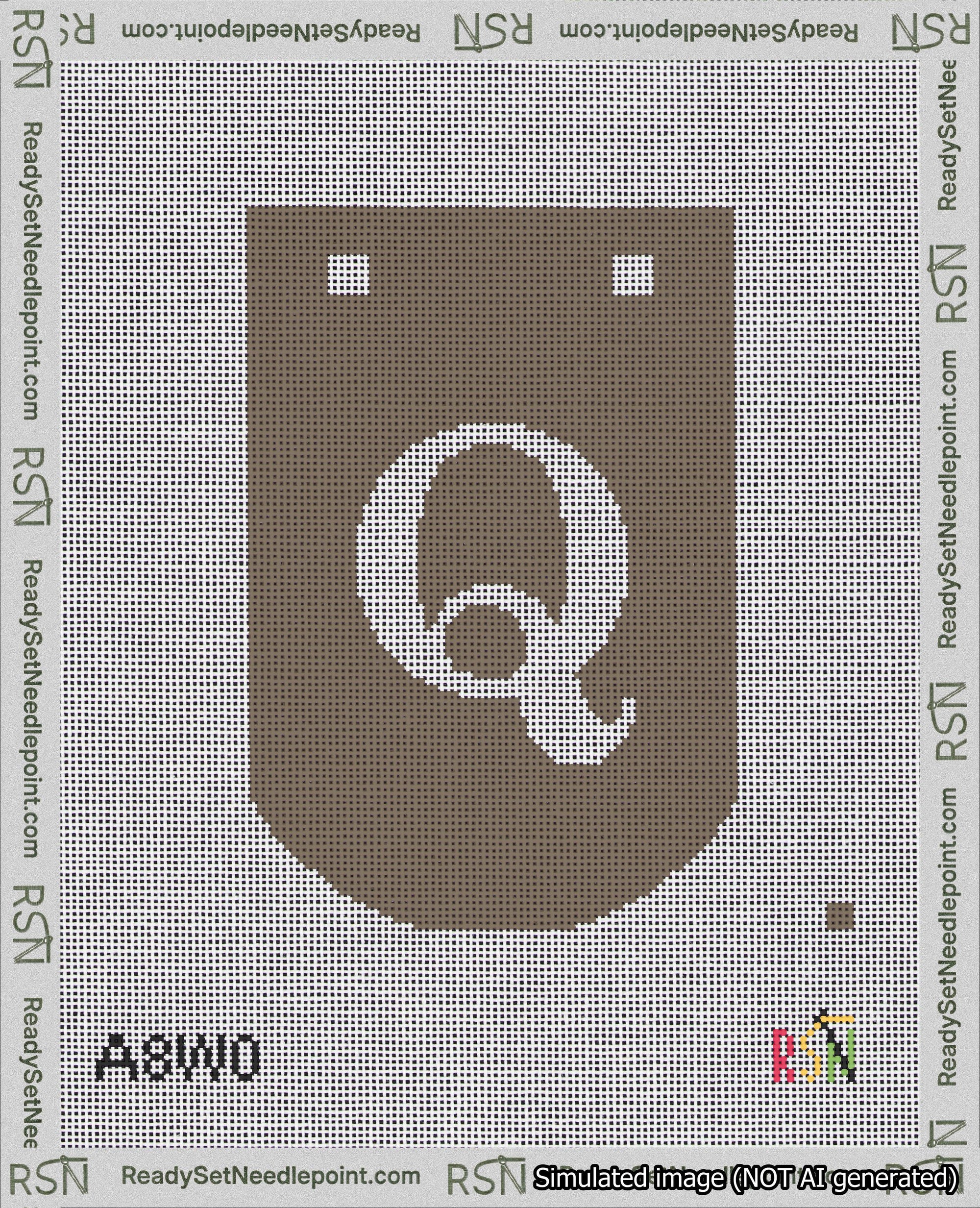 A taped needlepoint canvas with the design: Banner 18 mesh count Curved Q White on Brown.