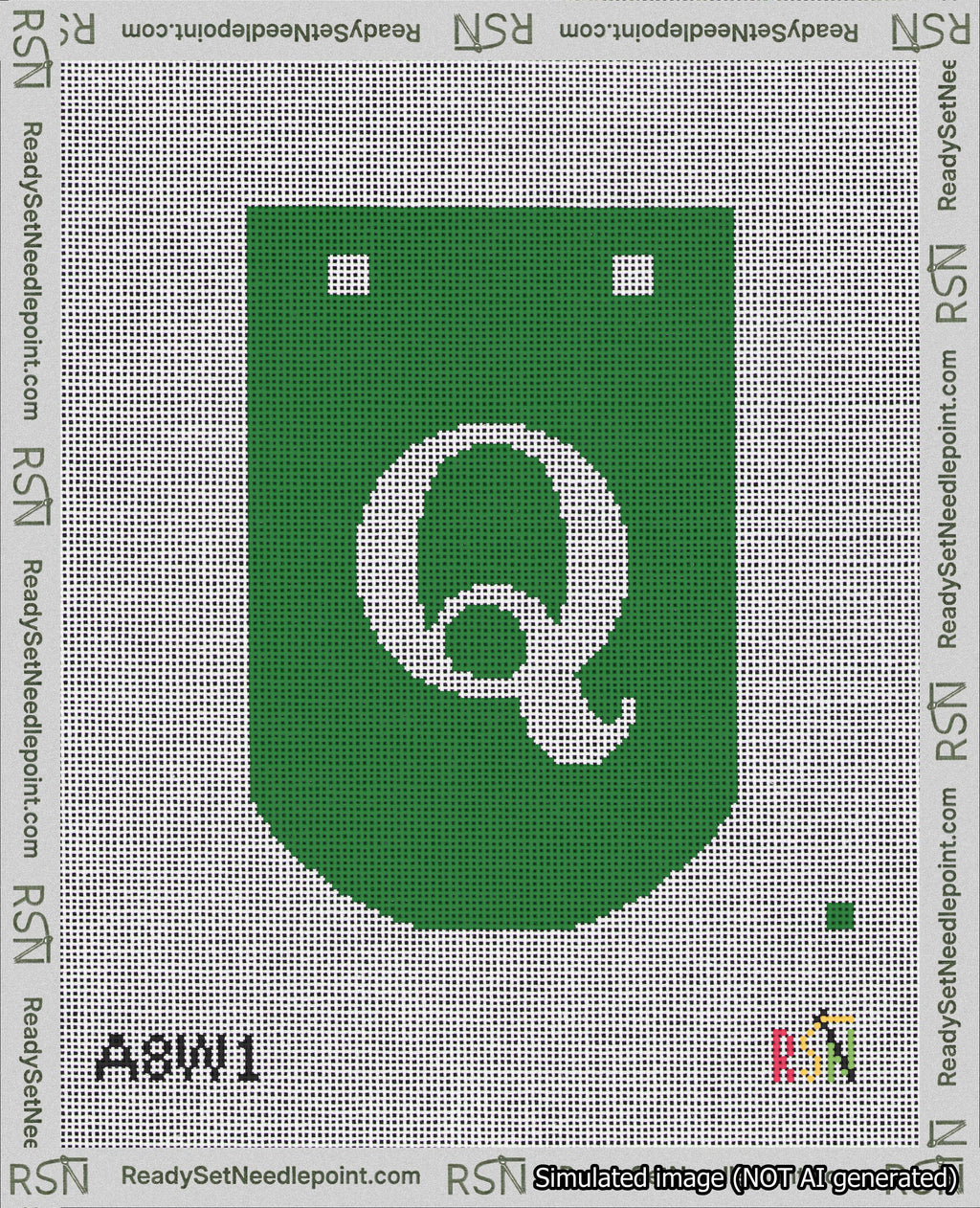 A taped needlepoint canvas with the design: Banner 18 mesh count Curved Q White on Green.