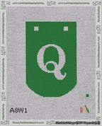 A taped needlepoint canvas with the design: Banner 18 mesh count Curved Q White on Green.