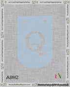 A taped needlepoint canvas with the design: Banner 18 mesh count Curved Q White on Light Blue.