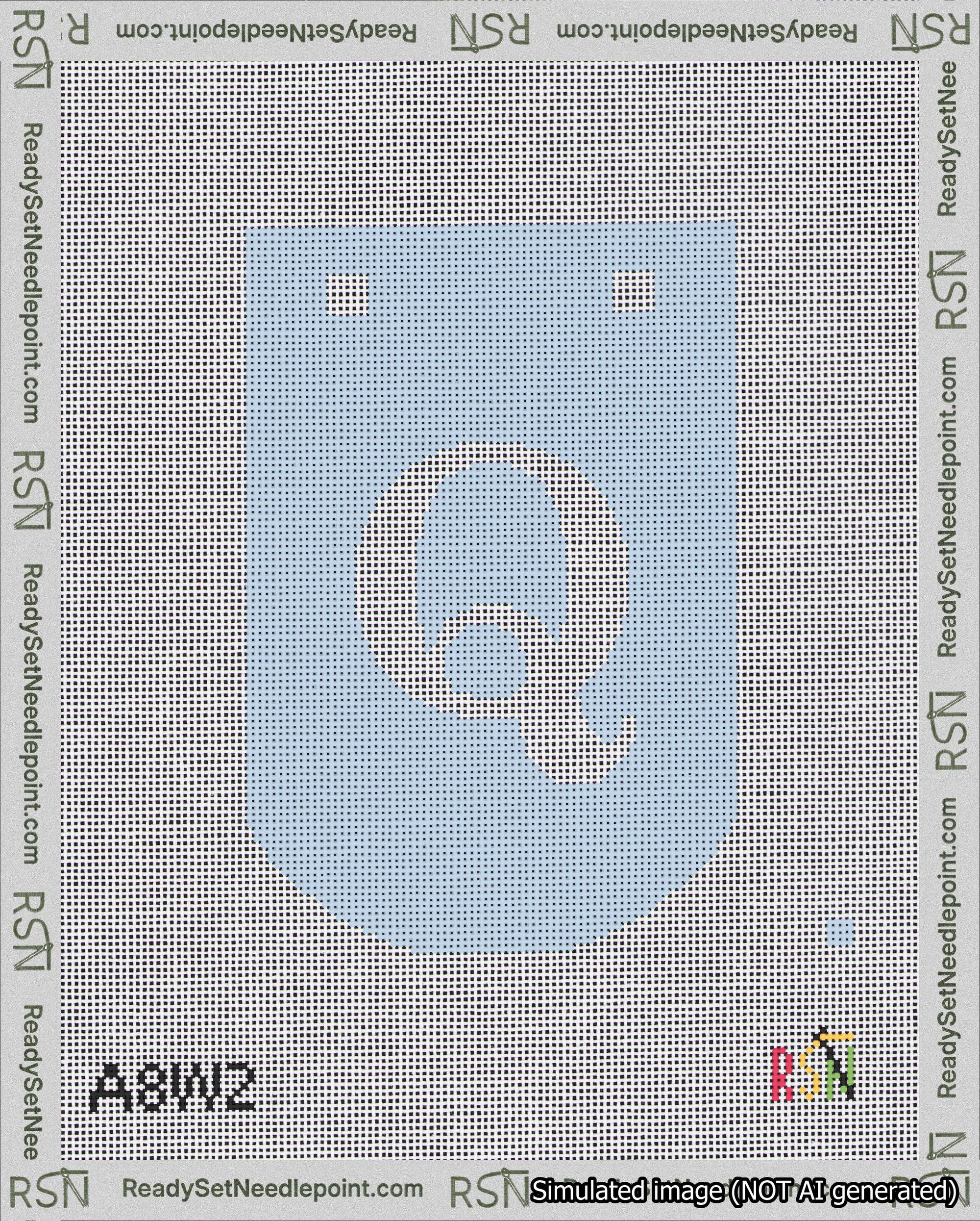 A taped needlepoint canvas with the design: Banner 18 mesh count Curved Q White on Light Blue.