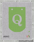 A taped needlepoint canvas with the design: Banner 18 mesh count Curved Q White on Light Green.
