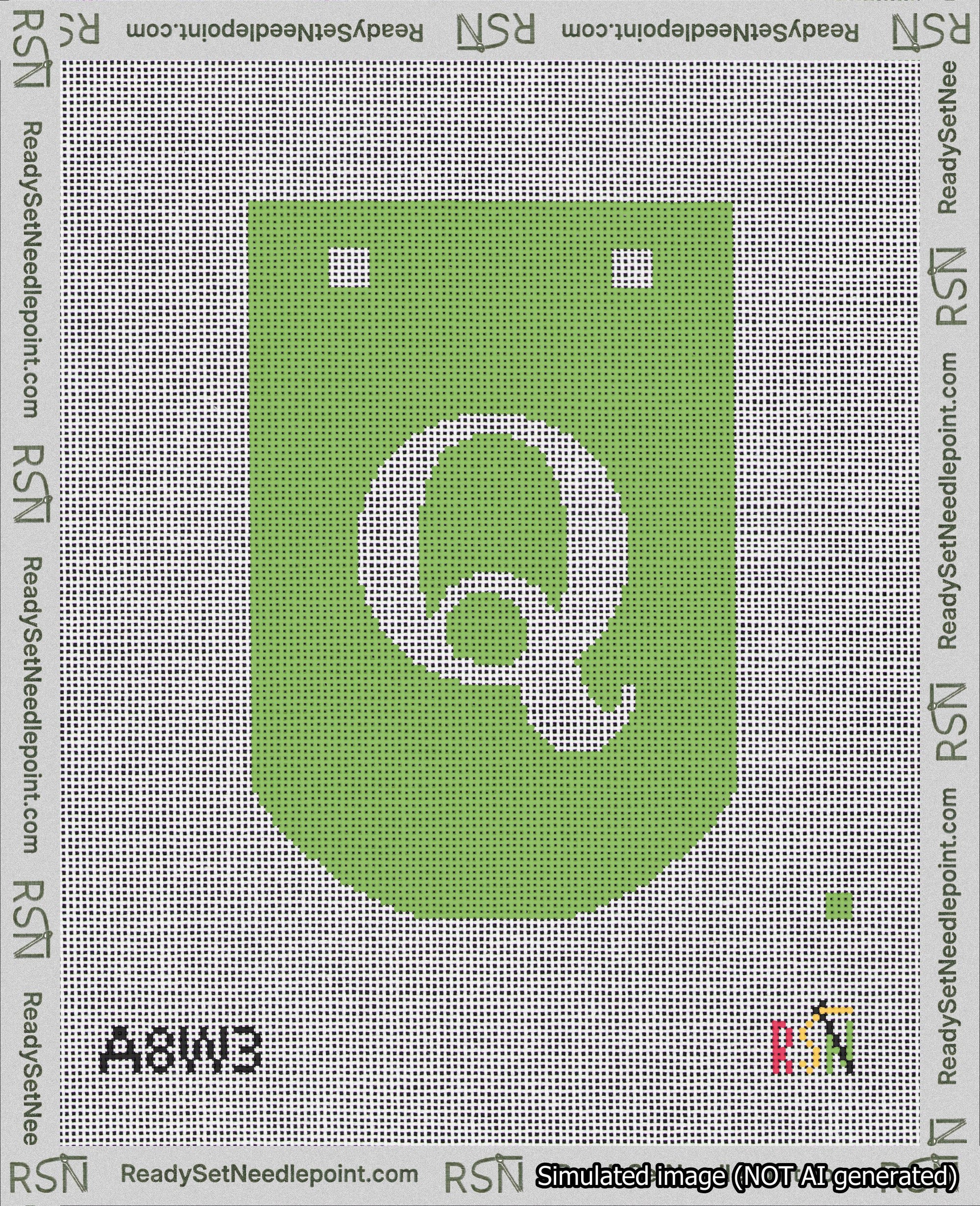 A taped needlepoint canvas with the design: Banner 18 mesh count Curved Q White on Light Green.