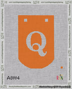 A taped needlepoint canvas with the design: Banner 18 mesh count Curved Q White on Orange.