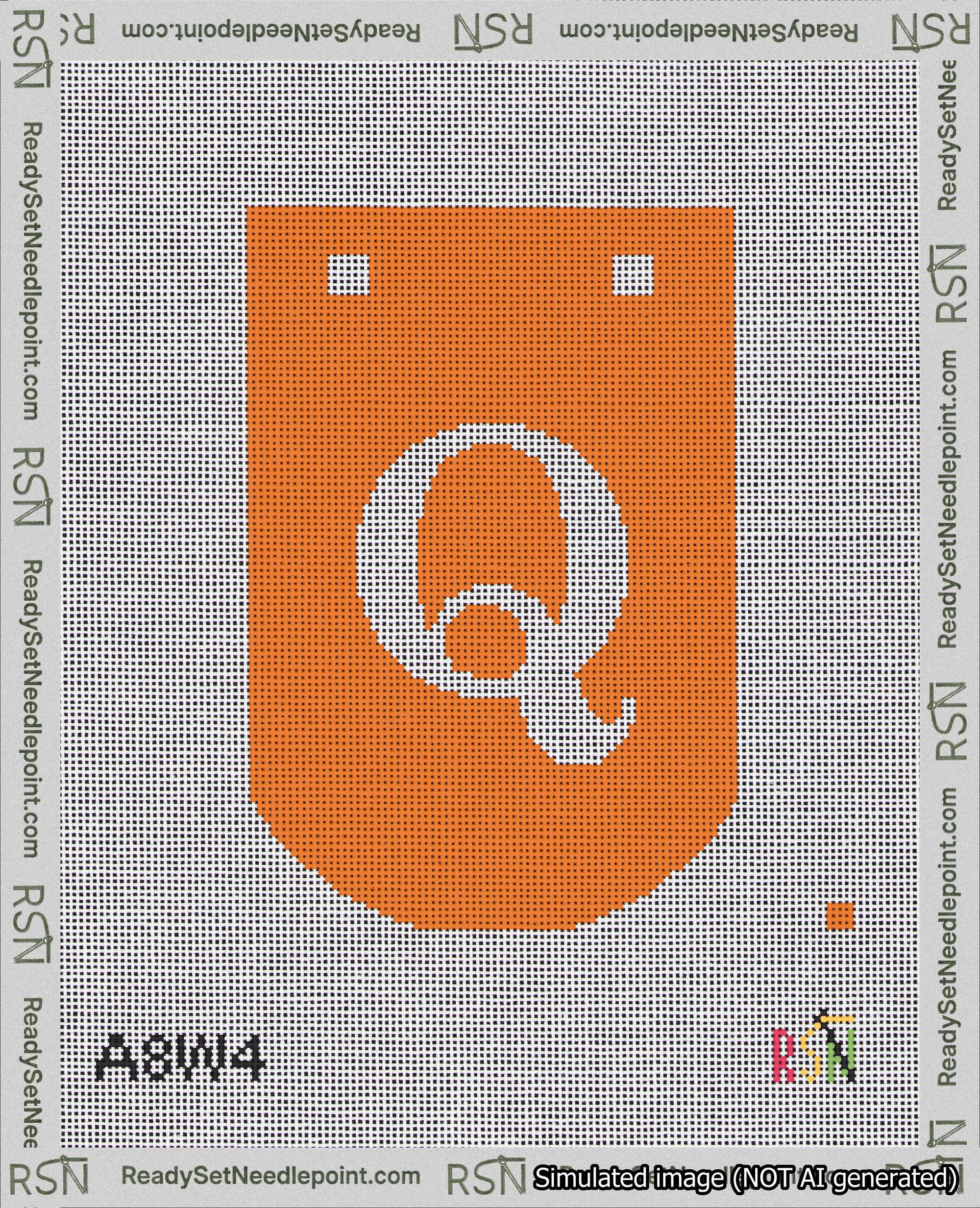 A taped needlepoint canvas with the design: Banner 18 mesh count Curved Q White on Orange.
