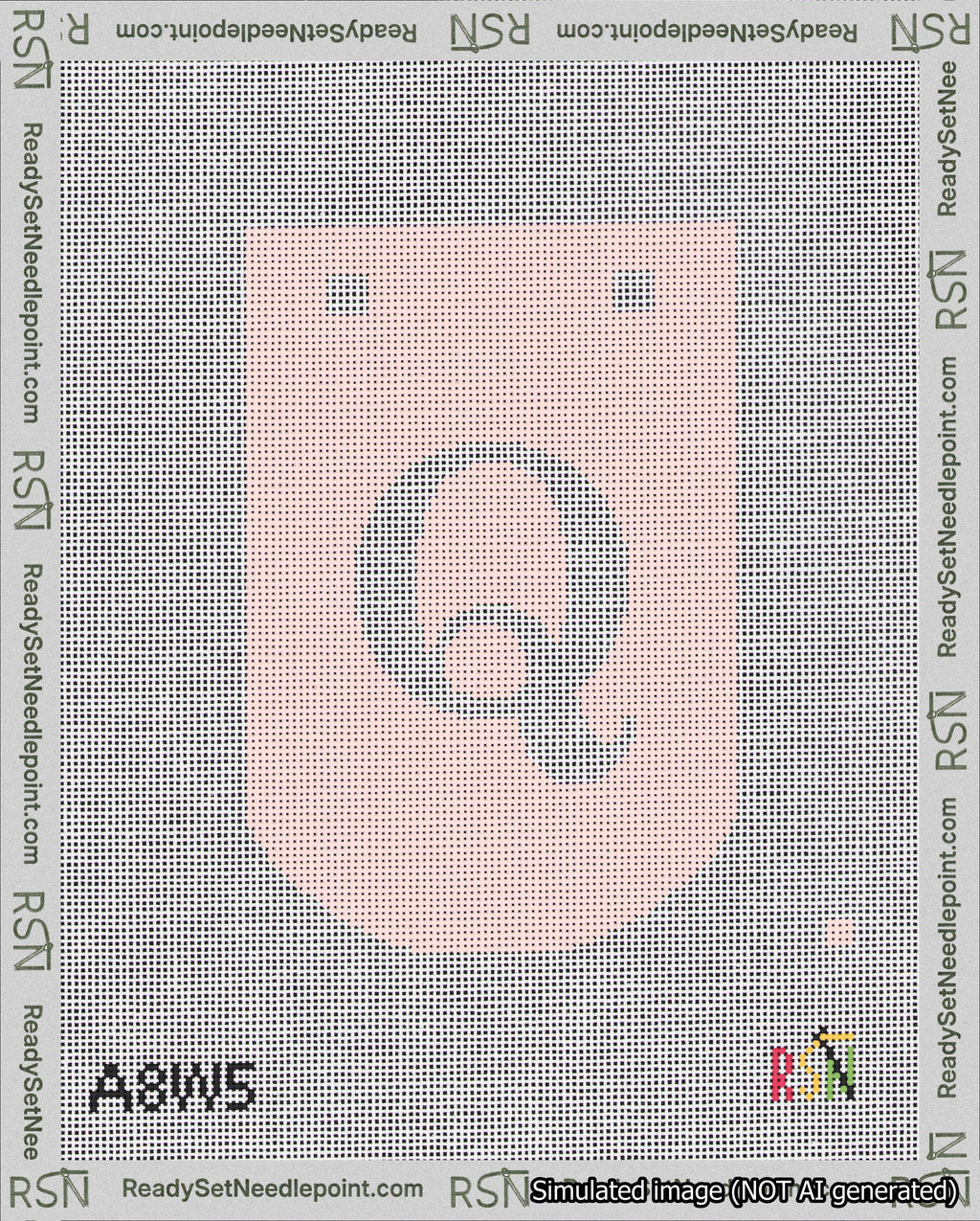 A taped needlepoint canvas with the design: Banner 18 mesh count Curved Q White on Pink.