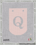 A taped needlepoint canvas with the design: Banner 18 mesh count Curved Q White on Pink.