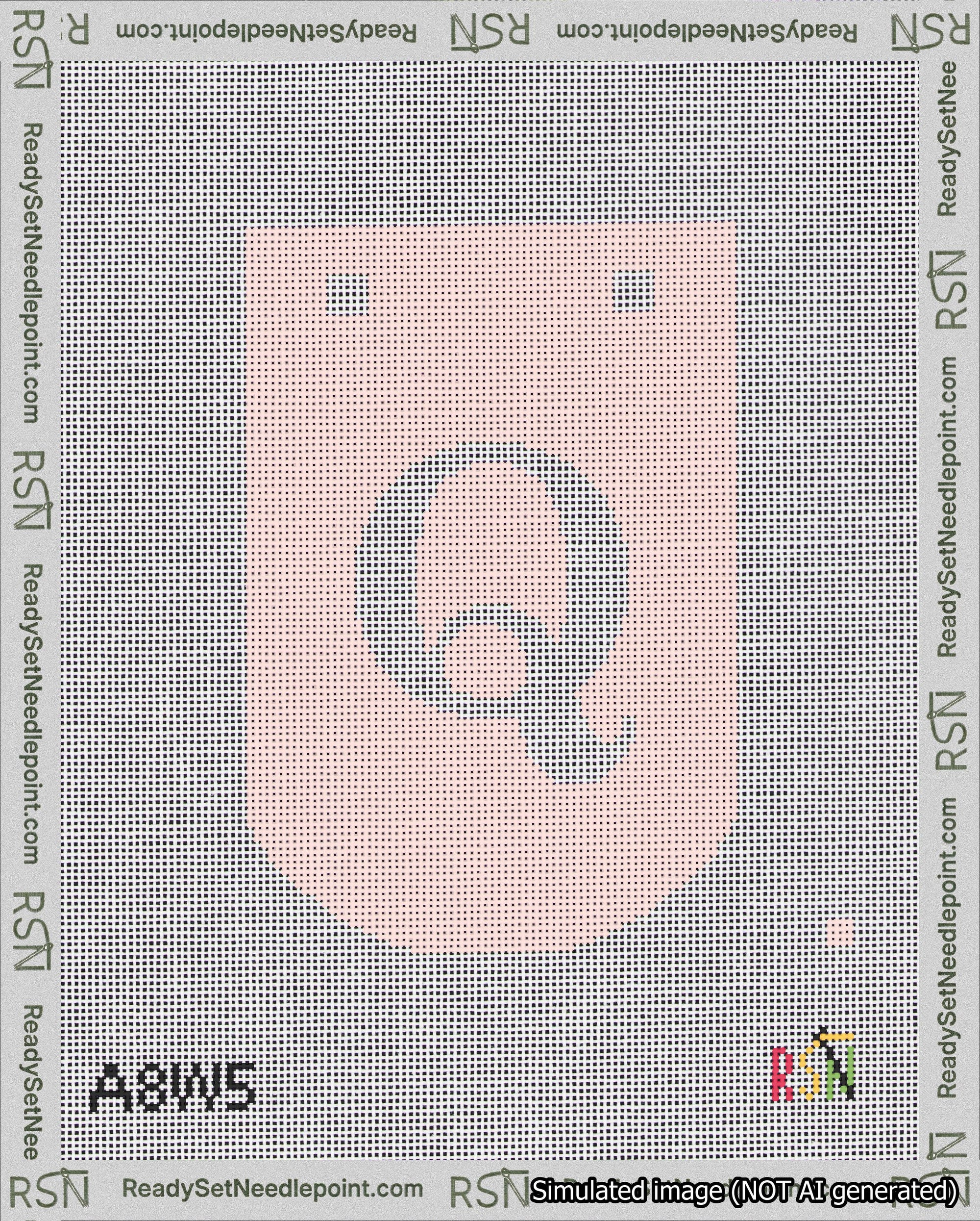 A taped needlepoint canvas with the design: Banner 18 mesh count Curved Q White on Pink.