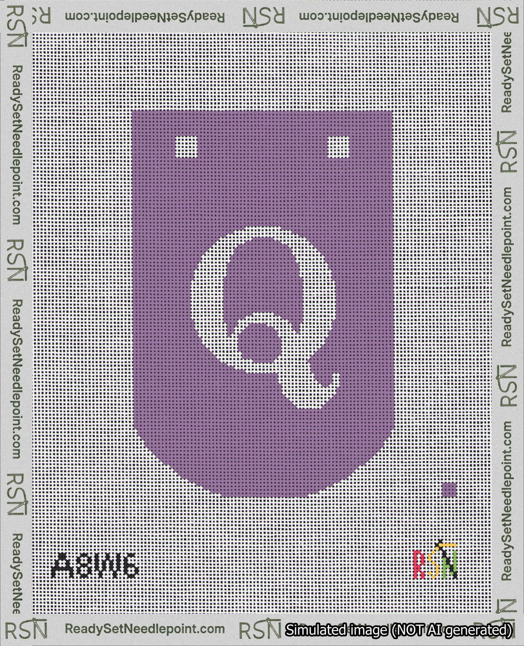 A taped needlepoint canvas with the design: Banner 18 mesh count Curved Q White on Purple.
